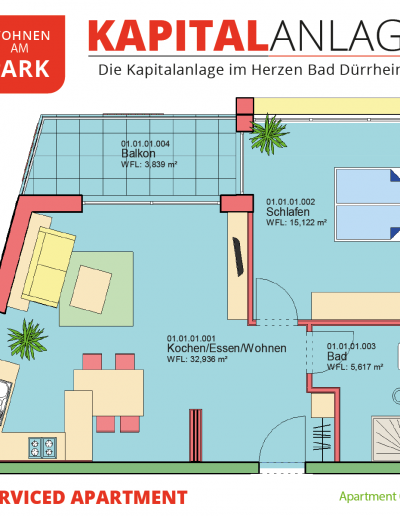 Immobilien Kapitalanlage – Serviced Apartment "Wohnen am Park", Bad Dürrheim – Grundriss Apartment 01.01