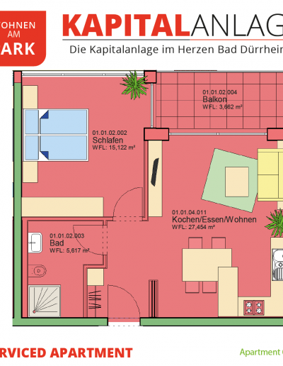 Immobilien Kapitalanlage – Serviced Apartment "Wohnen am Park", Bad Dürrheim – Grundriss Apartment 01.02