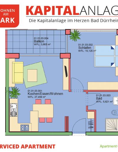Immobilien Kapitalanlage – Serviced Apartment "Wohnen am Park", Bad Dürrheim – Grundriss Apartment 01.03