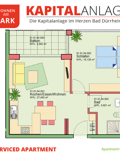 Immobilien Kapitalanlage – Serviced Apartment "Wohnen am Park", Bad Dürrheim – Grundriss Apartment 01.04