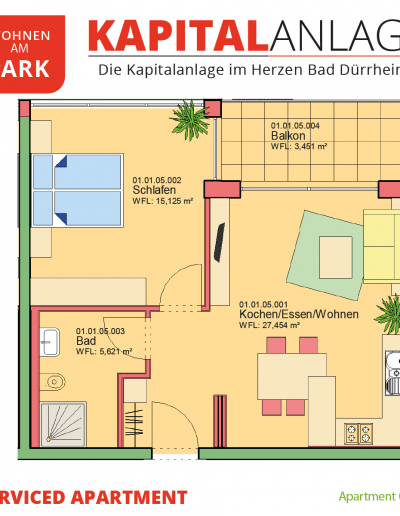 Immobilien Kapitalanlage – Serviced Apartment "Wohnen am Park", Bad Dürrheim – Grundriss Apartment 01.05