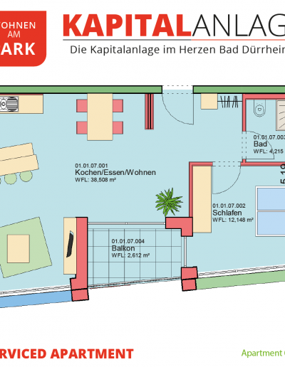 Immobilien Kapitalanlage – Serviced Apartment "Wohnen am Park", Bad Dürrheim – Grundriss Apartment 01.07