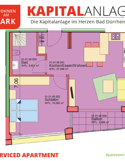 Immobilien Kapitalanlage – Serviced Apartment "Wohnen am Park", Bad Dürrheim – Grundriss Apartment 01.08