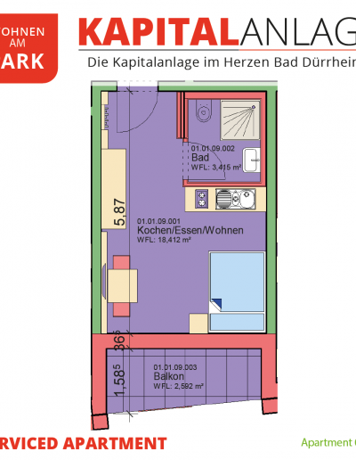 Immobilien Kapitalanlage – Serviced Apartment "Wohnen am Park", Bad Dürrheim – Grundriss Apartment 01.09
