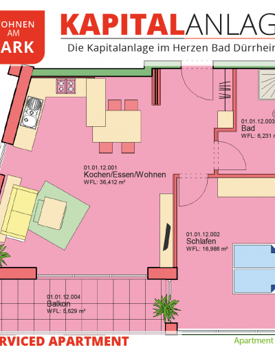 Immobilien Kapitalanlage – Serviced Apartment "Wohnen am Park", Bad Dürrheim – Grundriss Apartment 01.12
